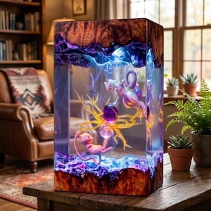 Lámpara de resina y madera de Mewtwo y Mew, luz nocturna de epoxi del legendario dúo psíquico, lámpara de escritorio LED ambiental de energía brillante, regalo para gamers de anime