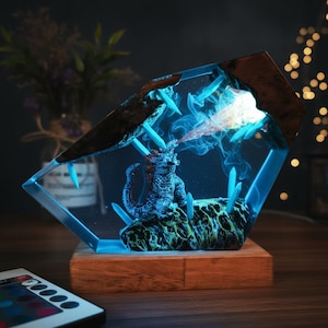 Mythical Dragon Crystal Cave Resin Lamp Glowing Fantasy Night Light for Gamer, Home Decor King Monster Burning Night Light Resin Lights