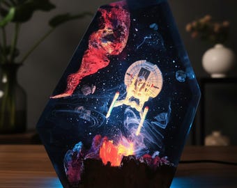 Galaxy Space Battle Resin Lamp – Handmade Sci-Fi LED Night Light, Spaceship Asteroid Scene, Cosmic Universe Art Desk Lamp, Home Decor Gifts