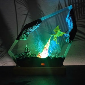 Fire Breathing Dragon Resin Lamp - Handmade Fantasy Night Light, LED Epoxy Art, Unique Gamer Decor, DnD Dragon Gift, Lava Effect, Wood Base