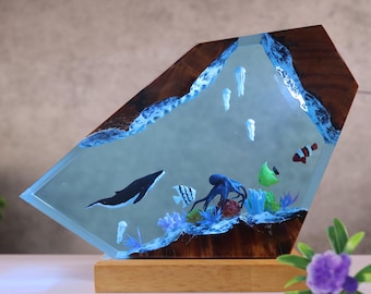 Humpback Whale Resin wood lamp, Epoxy and Wooden Night Light, Home Decoration, Ocean Resin Lamp, Birthday Gift, Gift for Her, Xmas Gifts
