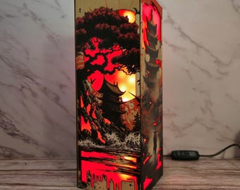 Japanese Style LED Wooden Lamp Mountain & Pagoda Scene Night Light Box Mood Lamp for Bedroom Desk Gift Wood lamp box wooden night light