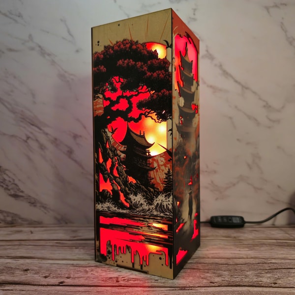 Japanese Style LED Wooden Lamp Mountain & Pagoda Scene Night Light Box Mood Lamp for Bedroom Desk Gift Wood lamp box wooden night light