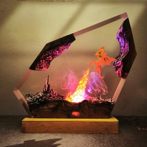 Handcrafted Dragon Resin Lamp with Lava Glow Fantasy LED Night Light Gamer Room Decor Wooden Base Mythical Gift Halloween Christmas Gifts