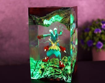 Lámpara de resina Mega Lucario hecha a mano, luz nocturna Mega Evolution of Lucario, diorama de anime, decoración de escritorio, luz Mega Lucario, regalo para jugadores y coleccionistas.