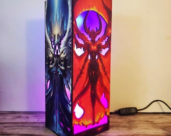 Fantasy Angel and Demon Wooden Night Light Wood lamp box, wooden night light, Table Lamp, Gamer Room Decor, Gift for Him, Gothic Art Lamp