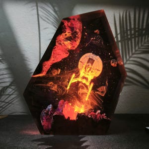 Galaxy Space Battle Resin Lamp – Handmade Sci-Fi LED Night Light, Spaceship Asteroid Scene, Cosmic Universe Art Desk Lamp, Halloween Gifts