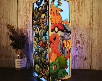 Wooden Light Box Lamp Pikachu, Charmander, Bulbasaur, Squirtle LED Night Light with Starter, Anime Room Decor, Unique Geek Gift for Fans