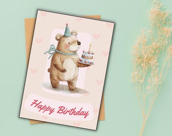 May include: A birthday card featuring a cartoon brown bear wearing a blue and white party hat, holding a plate with a birthday cake with a single lit candle. The card has a pink background with pink hearts and the text "Happy Birthday" in pink.