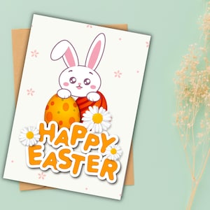 Happy Easter Card Afdrukbare Cute Bunny Paaskaart voor kinderen Paashaas Ansichtkaart Instant Download Paaswenskaart Digitale Print