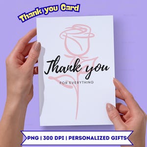 Minimalistische Dankeskarte druckbare, elegante Line Art Rose Grußkarte, digitaler Download PNG, personalisierte Geschenkkarte für jeden Anlass