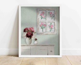 PEONIES ON CABINET Printable Wall Art | Farmhouse Wall Art | Country/Rustic Wall Art | Watercolor Illustration | Digital Download