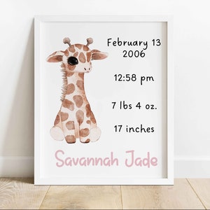 Giraffe Girl Custom Modern Birth Announcement Newborn Birth Stats Welcome to New Baby Modern Wall Art Printable Wall Art image 1