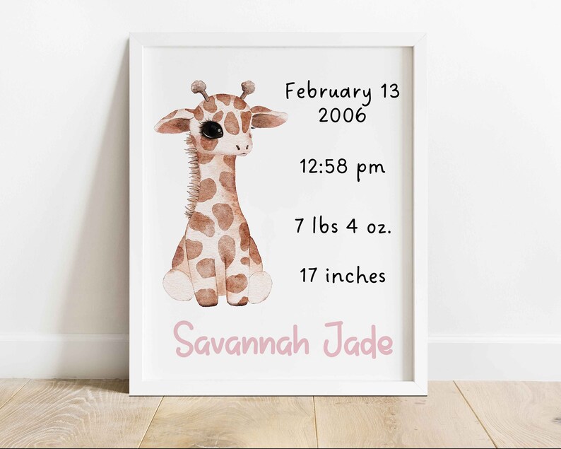 Giraffe Girl Custom Modern Birth Announcement Newborn Birth Stats Welcome to New Baby Modern Wall Art Printable Wall Art image 1