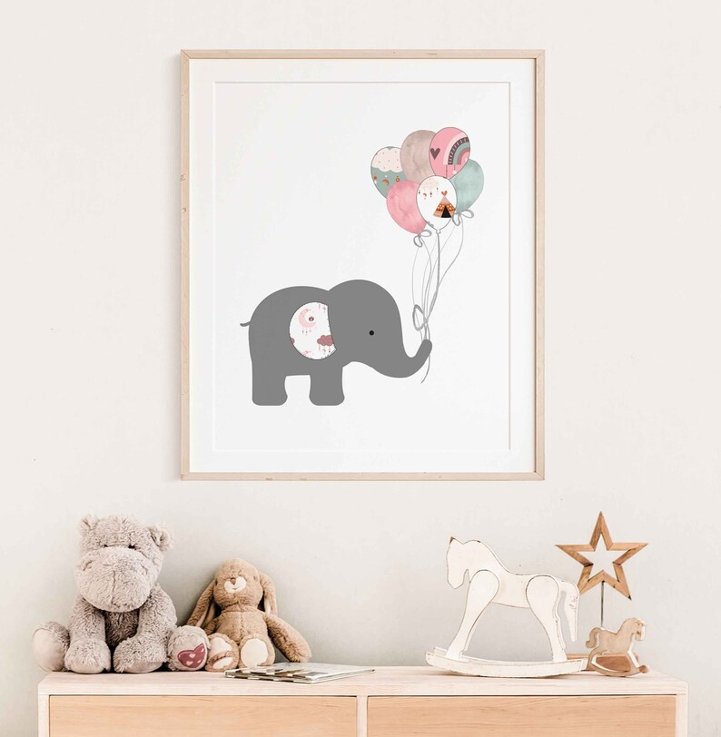 Elephant With Balloons Nursery Wall Art Modern Wall Art Etsy
