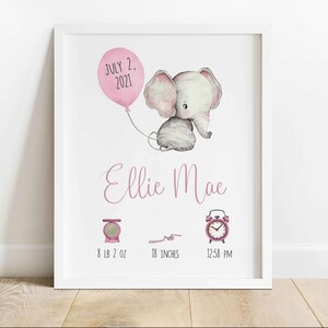 Girl with Elephant Custom Modern Birth Announcement | Newborn Birth Stats | Welcome to New Baby | Modern Wall Art | Printable Wall Art