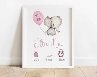Girl with Elephant Custom Modern Birth Announcement | Newborn Birth Stats | Welcome to New Baby | Modern Wall Art | Printable Wall Art