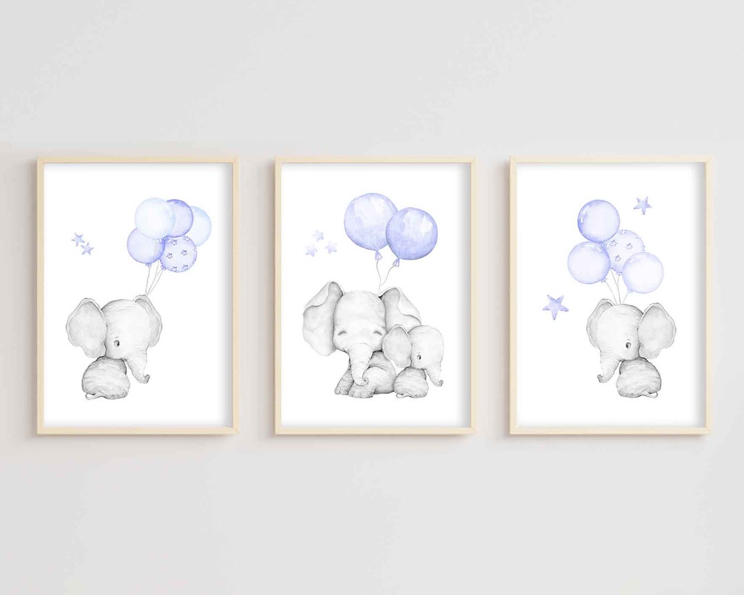 B and W Elephant With Blue Balloons Nursery Wall Art Modern Etsy