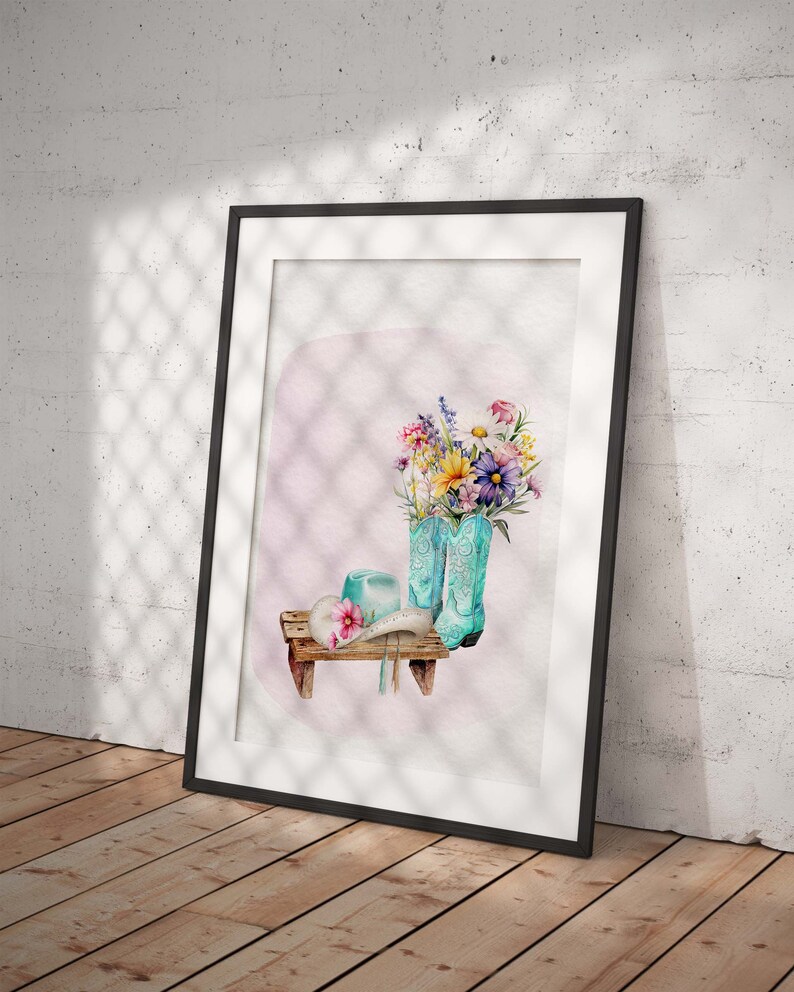 FLOWERS IN COWGIRL Boots Printable Wall Art Instant Download Seasonal Printable Spring Wall Art Spring Home Décor image 3