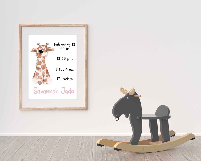 Giraffe Girl Custom Modern Birth Announcement Newborn Birth Stats Welcome to New Baby Modern Wall Art Printable Wall Art image 3