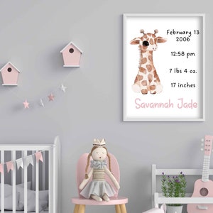 Giraffe Girl Custom Modern Birth Announcement Newborn Birth Stats Welcome to New Baby Modern Wall Art Printable Wall Art image 2