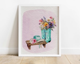 FLOWERS IN COWGIRL Boots Printable Wall Art | Instant Download | Seasonal Printable | Spring Wall Art | Spring Home Décor