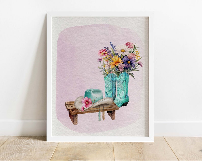 FLOWERS IN COWGIRL Boots Printable Wall Art Instant Download Seasonal Printable Spring Wall Art Spring Home Décor image 1
