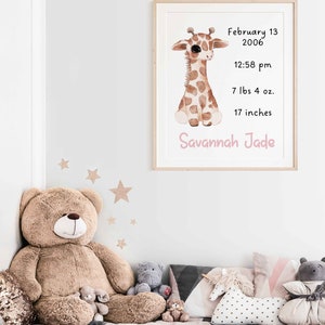 Giraffe Girl Custom Modern Birth Announcement Newborn Birth Stats Welcome to New Baby Modern Wall Art Printable Wall Art image 4