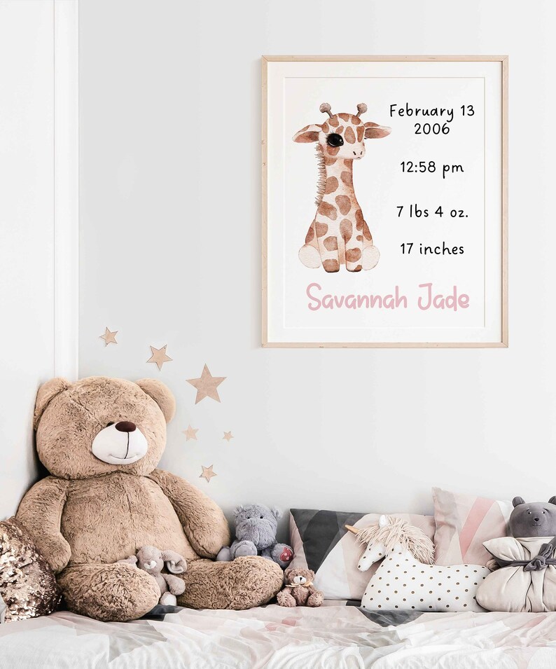 Giraffe Girl Custom Modern Birth Announcement Newborn Birth Stats Welcome to New Baby Modern Wall Art Printable Wall Art image 4