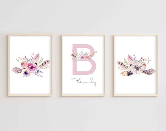 Pink Boho Flowers Custom Nursery Décor | Baby Name Print | Nursery Wall Art | Modern Wall Art | Printable Wall Art | Digital Download