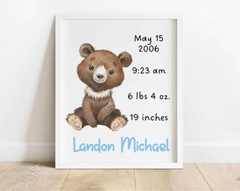 Bear Boy Custom Modern Birth Announcement | Newborn Birth Stats | Welcome to New Baby | Modern Wall Art | Printable Wall Art