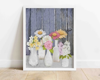 FLOWERS IN FRONT Of Fence Printable Wall Art | Farmhouse Wall Art | Country/Rustic Wall Art | Watercolor Illustration | Digital Download