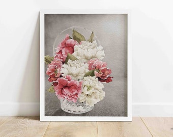 PEONIES IN BASKET Printable Wall Art | Farmhouse Wall Art | Country/Rustic Wall Art | Watercolor Illustration | Digital Download