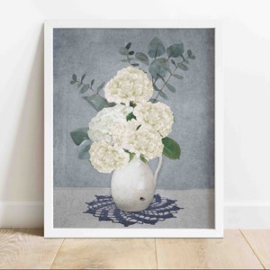 WHITE HYDRANGEAS Printable Wall Art | Farmhouse Wall Art | Country/Rustic Wall Art | Watercolor Illustration | Digital Download