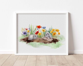 BUNNIES AND FLOWERS Printable Wall Art | Instant Download | Seasonal Printable | Spring Wall Art | Spring Home Decor