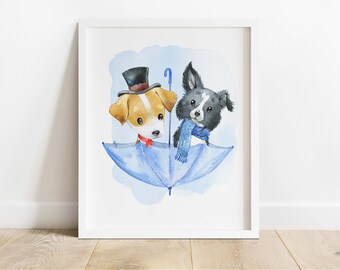 Puppies in Blue Umbrella Nursery Wall Art | Modern Wall Art | Printable Wall Art | Nurse-ry Wall Décor | Digital Download