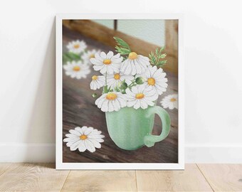 DAISIES IN GREEN Cup Printable Wall Art | Farmhouse Wall Art | Country/Rustic Wall Art | Watercolor Illustration | Digital Download