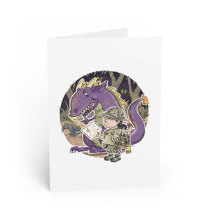 Tarjetas de felicitación, búsqueda del tesoro de un niño y un dragón, ilustración de un libro infantil, diseño de amistad, tarjeta de cumpleaños infantil