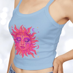 Sun Face Spaghetti Strap Tank Top – Vibrant Retro Celestial Crop, Y2K Festival Shirt, Available in 7 Colors (XS–2XL)