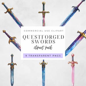 Könnte beinhalten: Aquarell-Clipart-Paket mit neun Fantasy-Schwertern in verschiedenen Farben, darunter Blau, Lila und Rosa. Jedes Schwert hat ein einzigartiges Griffdesign und Klingenstil. Der Text lautet "QUESTFORGED SWORDS clipart pack".