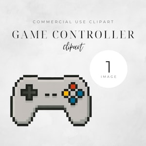 Puede incluir: Un mando de juego gris pixelado con contornos negros y botones de colores. La imagen incluye el texto "GAME CONTROLLER clipart" y "COMMERCIAL USE CLIPART". También hay un círculo blanco con el número "1 IMAGE".