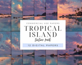 Tropical Island Digital Paper, Beach Decor PNG, Vacation Holiday Graphics, Scrapbooking Images, Commercial Use Images