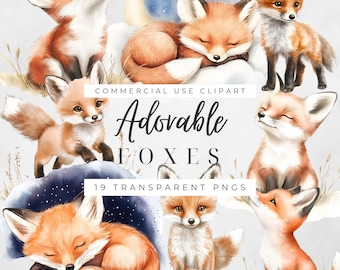 Adorable Fox Clipart, Cute Woodland Animal PNG, Nursery Clip Art, Watercolour Woodland Illustration,  Baby Shower Graphics, Commercial Use