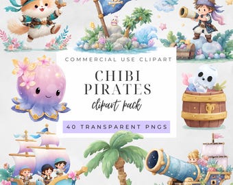 May include: Watercolor clipart pack featuring chibi pirates. The image includes a cat pirate with a sword, a pirate ship, an octopus, a treasure chest, a cannon, and a pirate flag. The text reads "CHIBI PIRATES clipart pack" and "40 TRANSPARENT PNGS".
