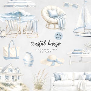 Coastal Clipart Set – Watercolor Beach House Decor, Nautical Summer Elements, Seashell Sailboat Ocean PNGs, Commercial Use