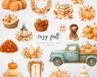 May include: Watercolor clipart set featuring fall-themed illustrations. Includes pumpkins, hay bales, a truck, a welcome sign, a wreath, and other autumn elements. The text "cozy fall" and "commercial use clipart" are also present.