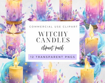 May include: A collection of watercolor candles in shades of yellow, pink, and purple, with decorative floral accents. The image includes the text "Witchy Candles clipart pack" and "12 transparent PNGs".