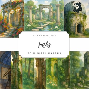 May include: A collection of 10 digital papers featuring watercolor illustrations of ancient ruins and natural landscapes. The images include classical columns, arches, and overgrown structures with the word "paths" and "commercial use" in the center.