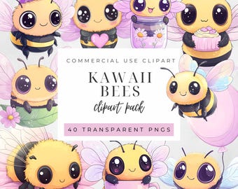 Kawaii Bee Clipart Pack – Cute Cartoon Bees with Flowers, Balloons, and Cupcakes, Adorable Bee Illustrations, Commercial Use PNGs
