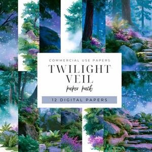 May include: A collection of 12 digital papers with a twilight forest theme. The images feature lush greenery, stone steps, and a soft, dreamy atmosphere. The text on the image reads "Twilight Veil paper pack".